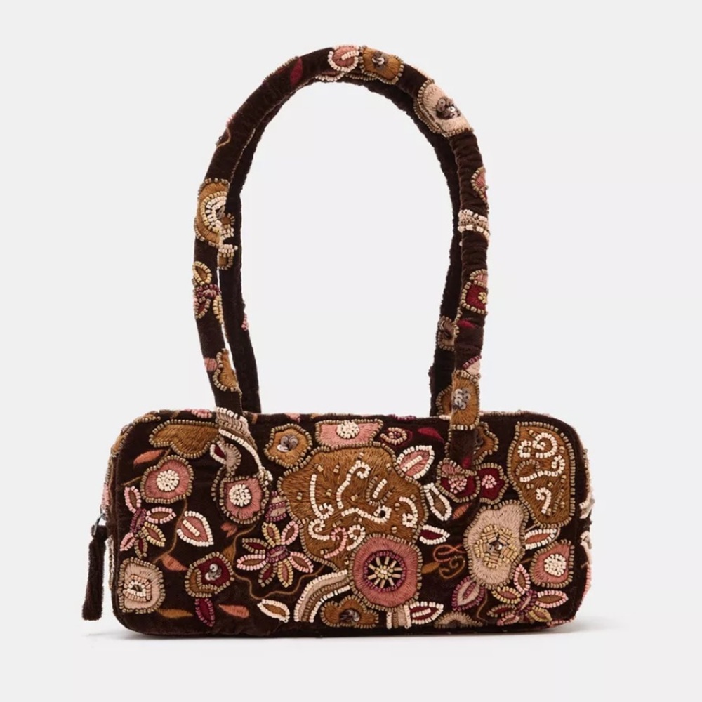 ZARA VELVET FLORAL EMBROIDERED SHOULDER BAG - Picture 1 of 8